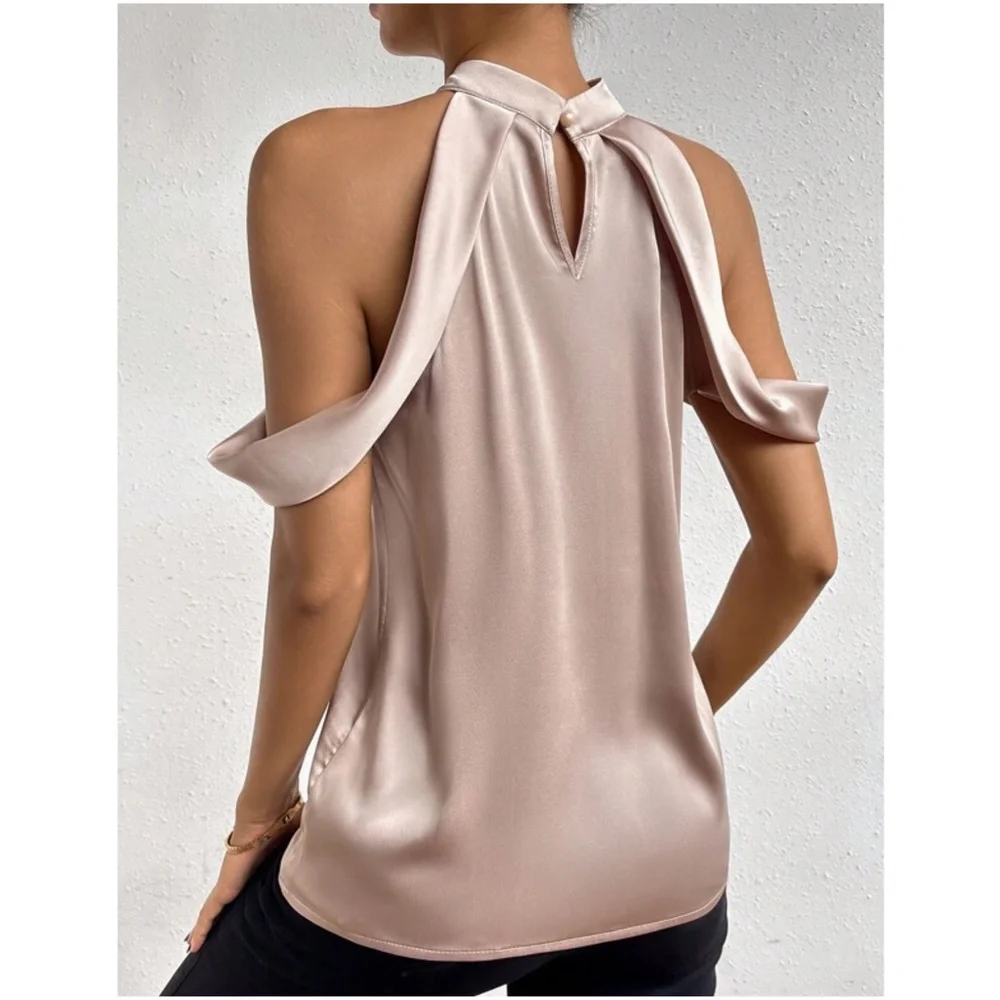 038 Luxe Cold Shoulder Keyhole Back Satin Top - Picture 4 of 4
